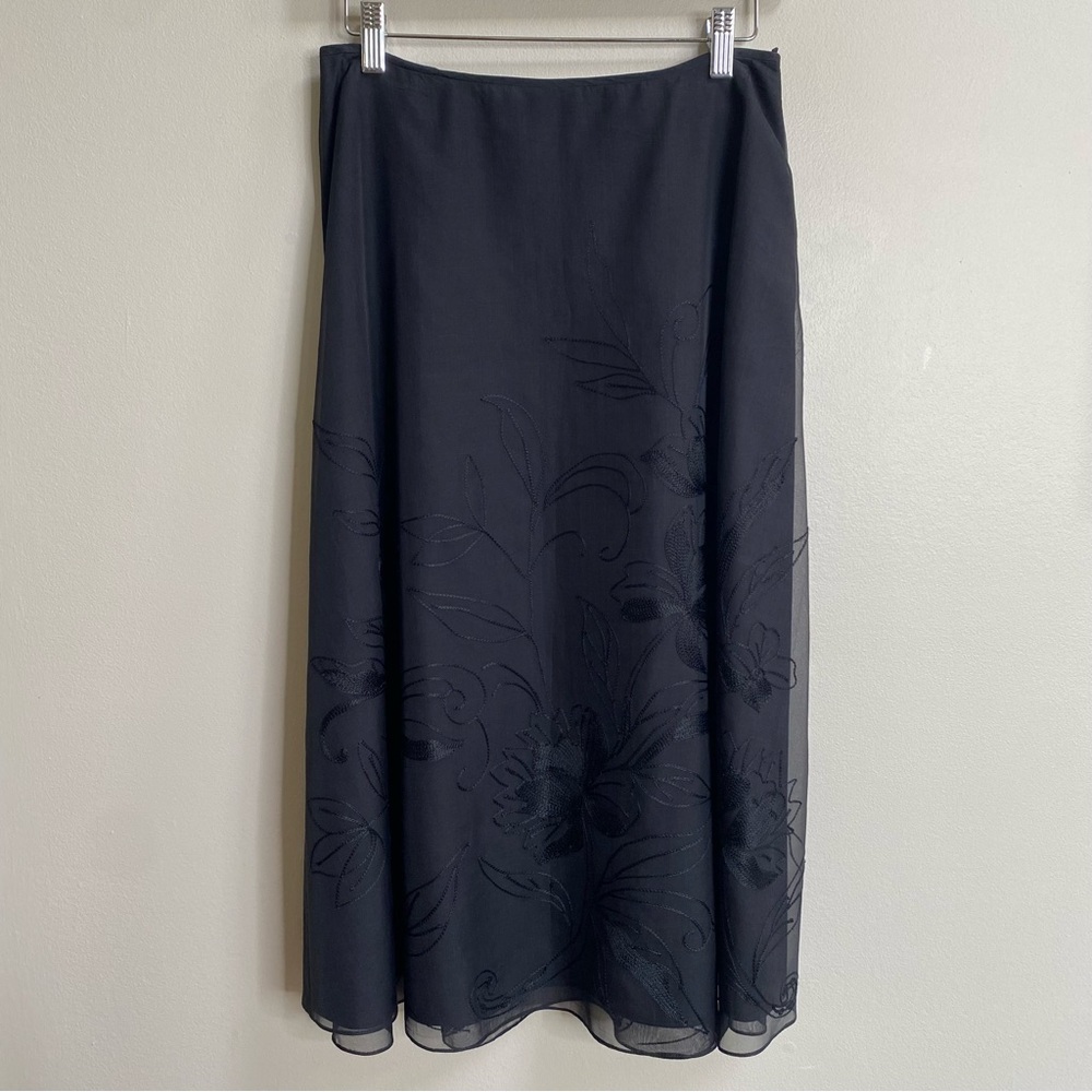 Talbots Black A-Line Embroidered Pure Silk Chiffon Midi Skirt Size 8 Petite